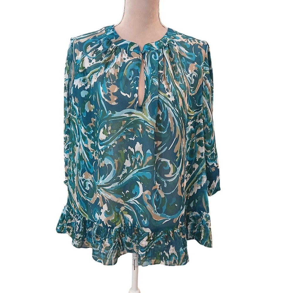 ana a new approach woman abstract print keyhole neckline ruffle hem tunic top 1X